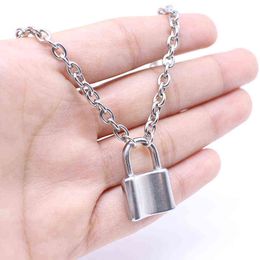 Stainless Steel Silver Color PadLock Pendant Necklaces Link Chain Lock Necklaces Collar Ras Du Cou Collier Femme For Women Men G1206