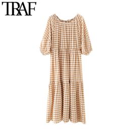 TRAF Women Chic Fashion Ruffled Cheque Midi Dress Vintage O Neck With Elastic Short Sleeve Female Dresses Vestidos Mujer 210415