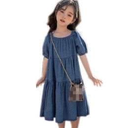 6 to 16 years kids & teenager girls summer square collar jeans flare dress children girl fashion blue denim tiered dresses Q0716