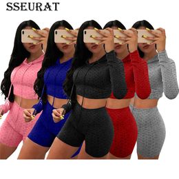 SSEURAT Women Set Solid Hooded Full Sleeve Crop Tops Elastic Sheath Shorts Two Piece Set Summer Casual Outfit 2021 X0428