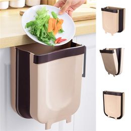 Folding Waste Bin Kitchen Cabinet Door Hanging Wall Mounted Trash Can for Bathroom Toilet Car Dustbin Garbage Storage Bucket 210827