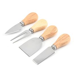 Creative stainless steel fork shovel Baked cake pizza cheese knife 4 piece set wooden handle cheese knife Mini kitchen gadgets