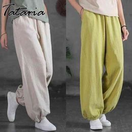 Tie Feet Harem Pants for Women Summer Cotton Linen Vintage Elastic Waist Loose Ankle-length Green Trousers Female 210514