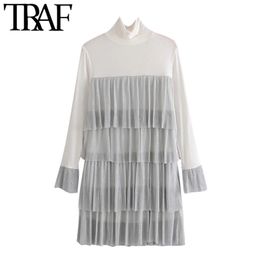 TRAF Women Chic Fashion Patchwork Ruffle Mini Dress Vintage High Neck Long Sleeve Female Dresses Vestidos Mujer 210415