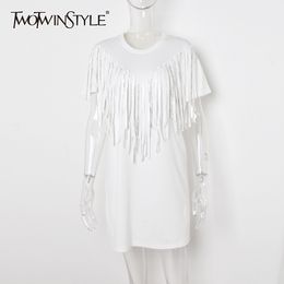 TWOTWINSTYLE White PU Tassels Bead Chain Dress Female Short Sleeve Mini Dresses Women Casual Clothes Korean Summer Clothes 210517