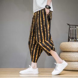 2021 Summer Baggy Cotton Linen Harem Pants Korean Style Vintage Striped Men Women Hip Hop Plus Size Wide Leg Pant Pantalone X0723