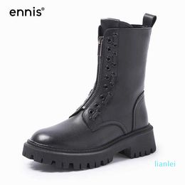 Ennis Black Mid-calf Martin Boots Autumn Winter Women Leather Casual Shoes Platform Zip Flat Fashion 2021 New