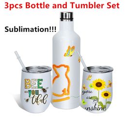 3pcs Sublimation Tumbler Insulated Bottle and Tumbler Set Wine glasses Set 25oz Wine Bottle and 2pcs 12oz Wine Tumbler with straws DIY