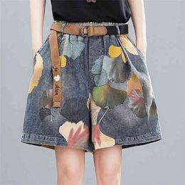 Women Summer Fashion Oversize Floral Printed Vintage Wide Leg Female Casual Trendy Streetwear Elastic Waist Loose Denim Shorts 210724