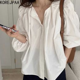 Korejpaa Women Shirt Summer French Lazy Style V-Neck Pleated Loose Design Solid Color All-Match Lantern Sleeve Blouses 210526