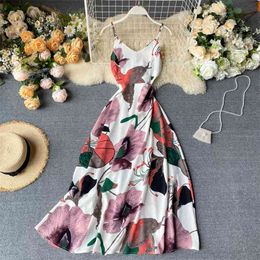 Women's Print Holiday Dress Spring Summer Wild Spaghetti Strap Sexy Open Back Lace Up Waist Long ML792 210506