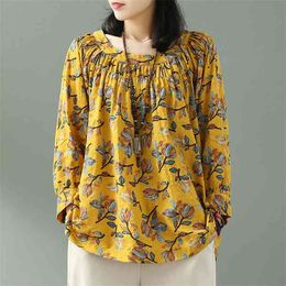 Arrival Autumn Arts Style Women Loose Tshirt Vintage Print Cotton Linen O-neck Tee Shirt Femme Tops Plus Size D403 210512