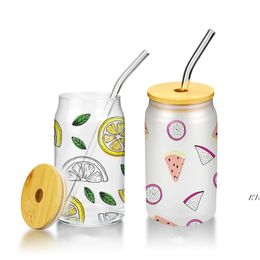 15OZ Sublimation Glass Beer Mugs with Bamboo Lid Straw Tumblers DIY Blanks Frosted Clear Can Cups Heat Transfer Cocktail Iced JJE13262