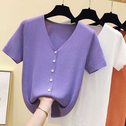 V-neck thin knitting female sweater with short sleeves v neck summer women sweater and pullover casual button solid sweater 210604