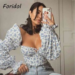Foridol Long Sleeve Spring Autumn Blouse Tops Women Vintage Floral Print Crop Tops Bowknot Blue Boho Blouse Shirts 210415