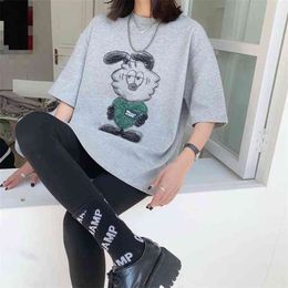 Fashion Cartoons print women's cotton large size loose short-sleeved T-shirt mid-length Tops soft summer 210507