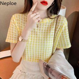 Neploe Women T Shirts Summer Simple Plaid Short-sleeve Basic Shirt Korean Sweet Preppy Style O Neck Tees Fresh Wild Tops 210422