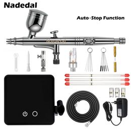Nasedal Auto-Stop Function Airbrush Compressor 0.3mm 7cc Dual-Action Airbrush Spray Gun for Model Cake Painting Nail Art Car 210719