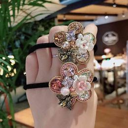 Hair Jewellery Accessories Spring and Autumn Baroque Pearl Rope Girl Head Five Petal Flower Multicolor Full Diamond Net Red Rubber Band Headdress