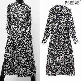 Black Animal Print Satin Long Dress Women Winter Belt Sleeve Midi Shirt Woman Vintage Elegant es 210519