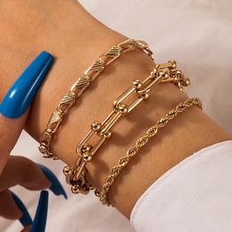 3pcs/sets New Trendy Gold Colour Alloy Metal Bracelets for Women Hollow Geometric Adjustable Jewellery Accessories