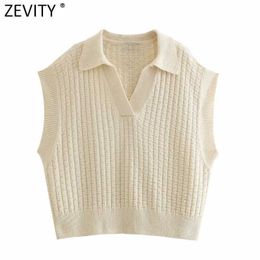 Zevity Women Vintage Turn Down Collar Cheque Plaid Solid Knitting Sweater Female Casual Loose Vest Chic Pullovers Tops SW694 210603