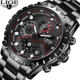 LIGE Watches Men Luxury Brand Sport Quartz Full steel Watch Man Waterproof Military Wrist Watches Men Fashion Black Clock 210527