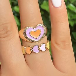 2Pcs/set Vintage Double Layer Dripping Oil Heart Rings for Woman Fashion Geometric Gold Peach Heart Chunky Rings Jewelry Gifts
