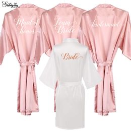 dark blush pink bride satin robe women pajamas rose gold white writing wedding bridesmaid gift sister in law team bride robes 210831