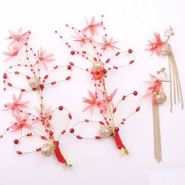 long pearl set UK - Earrings & Necklace Bridal Wedding Fairy Hair Jewelry Accessories Red  White Yarn Pearls Beads Flower Hairpins Clips Long Sets