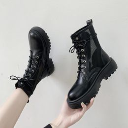 Winter Boots Women Black Leather Ankle Boots for Women Shoes Woman Autumn Air Mesh Lace Up Platform Motorcycle Boots Plus Size