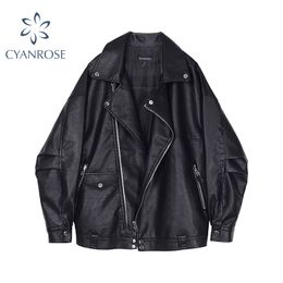 PU Leather Jacket Women Autumn Winter Loose Classic Boyfriend Female Zipper Faux Leather Coat Outwear Black Motorcycle Jackets 210417