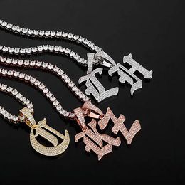 Iced A-Z Ancient Old Style Writing Letters Pendant Necklace Custom Combination Letter Name Chain with 24inch Rope Necklaces Zirconia Jewelry