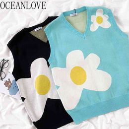 Print Flower Kawaii Knit Vest Japan Style Ladies Clothes V Neck Autumn Winter Sweaters Women Pullovers 18075 210415