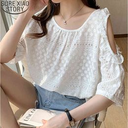 Korean Loose Off-shoulder Tops Summer O-Neck Crochet Fashion Plus Size Clothing Women Short Sleeve Lace Blouse 14196 210417