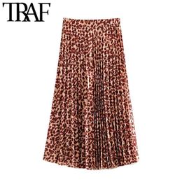 TRAF Women Chic Fashion Leopard Print Pleated Midi Skirt Vintage High Elastic Waist Animal Pattern Female Skirts Mujer 210629