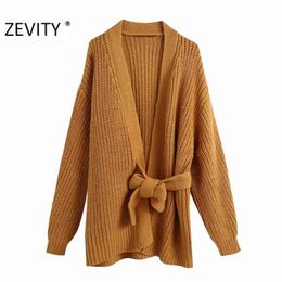 Women Leisure Cross V Neck Solid Colour Bow Tied Knitting Sweater Coat Ladies Long Sleeve Casual Kimono Chic Tops S444 210420