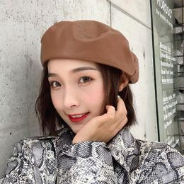 Berets Boinas Para Mujer Hat Women Autumn And Winter Black Beret Pu Leather Korean Style Chapeau Femme Caps For Kapelusz