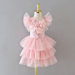 Girls Lovely Pink Flowers Applique Dress for Kids Boutique Spring Summer Tutu Children Birthday Gown Clothing Outfit 210529