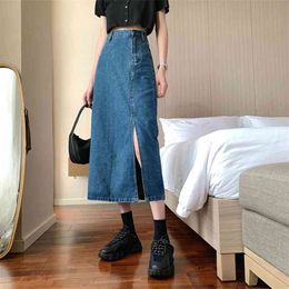 Traf Summer Women Korean Long Jeans Midi Loose Skirts Blue Split High Waist Fairycore Denim Vintage Tangada Harajuku Y2K 210629
