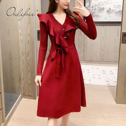 Spring Autumn Women Burgundy Knitted Ruffle Belted Tunic Button Vintage Slim Party Midi Dress 210415