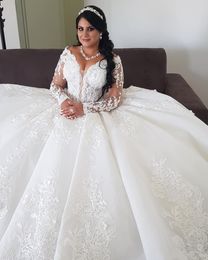 2021 Wspaniały Arabski ASO EBI Suknie ślubne Linii Suknia ślubna Plus Rozmiar Luksusowy Koronki Kryształ Zroszony Długie Rękawy Vintage Weddings Suknie Gorset Back Ball Suknia