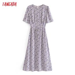 Tangada Summer Women Purple Floral Print French Style Dress Short Sleeve Office Ladies Midi Dress Vestidos 3W107 210609