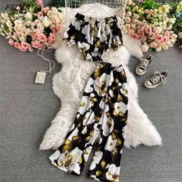 Summer Women Printing Slash Neck Petal Sleeve Chiffon Shirt High Waist Wide Leg Pants Beach Style Two Piece Suit 210430