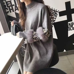 Chic Women Turtleneck Beading Pullover Pearls Loose Knitted DrStriped Faux Rabbit Fur Long-sleeved Sweater OL Tops X0721