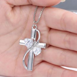 Pendant Necklaces Silver Color Necklace Jewelry Women Wedding Fashion Cross Crystal Zircon Stone Christmas Gift 2021