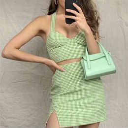 green plaid dress suit women 2 pieces sets crop top outfits sexy halter backless Chequered slit set 210427