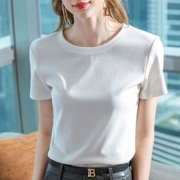 White Short Sleeve T-shirts Women New Summer Casual O Neck Cotton T-shirt Female Solid Basic Bottoming Loose Tops Plus Size 210412