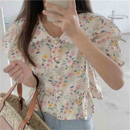 Summer French Romantic Floral Shirts Vintage Streetwear Femme Printing Peter Pan Collar Puff Sleeve Blouses 210525