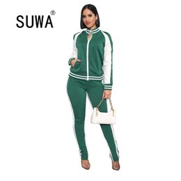 Classic Fashion Striped Patchwork Track Suit Women Two Piece Outfits Matching Sets Spring Autumn Jacket Top Skinny Pants 210525